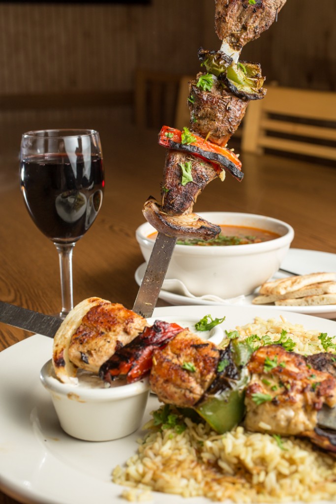 Kabob Combo w/glass of red wine and bowl of soup at The Olive Tree in Hilliard, Columbus for Alive Eat & Drink Feature. Shot 04/08/15. (Meghan Ralston)